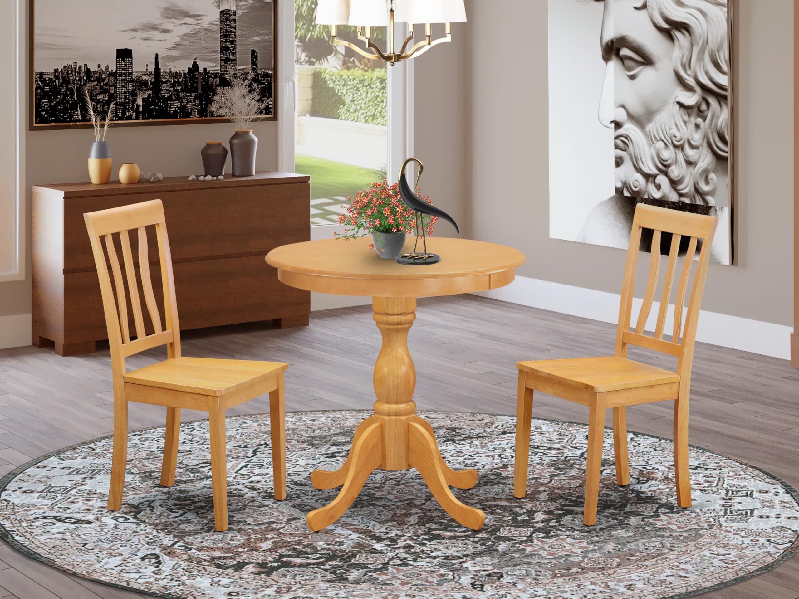East West Furniture Esan3-Oak-W 3 Piece Kitchen Table Set For Small Spaces Contains A Round Dining Table With Pedestal And 2 Dining Room Chairs, 30X30 Inch, Oak